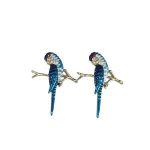 Pair of Blue & White Parrot Macaw Rhinestone Brooch Pins Gold Tone Branches